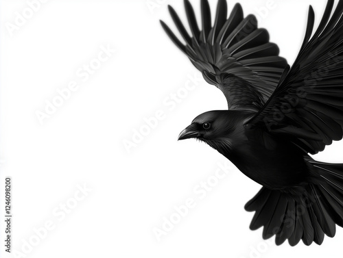 black raven flying with wings spread wide, showcasing intricate feather details against white background. image captures elegance and grace of this majestic bird photo