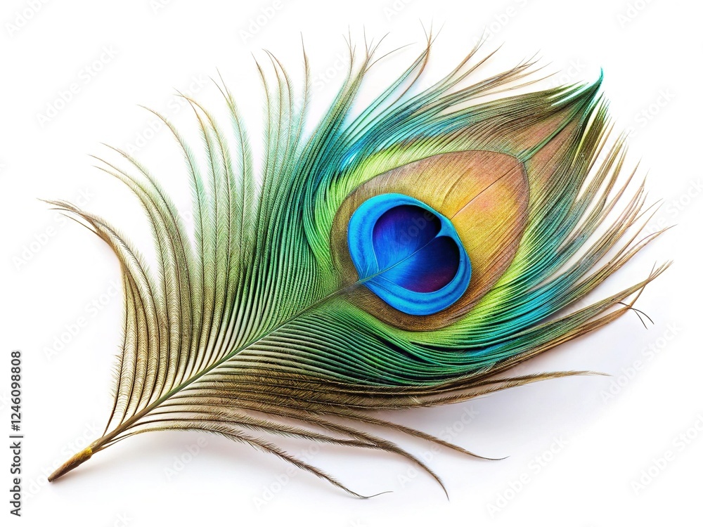 Fototapeta premium Exquisite Peacock Feather: Blue and Gray Intricate Pattern Isolated on White