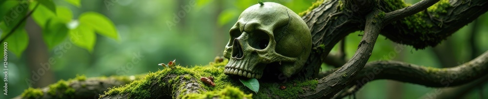 Skull-shaped formation created from twisted branches and leaves, moss, tree, natural Skull-shaped formation created from twisted branches and leaves, moss, tree, natural
