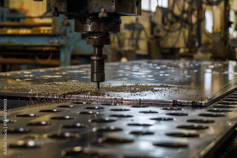Manufacturing process in a factory showcasing metal shavings and machinery operating in an industrial setting during daylight hours Manufacturing process in a factory showcasing metal shavings and machinery operating in an industrial setting during daylight hours