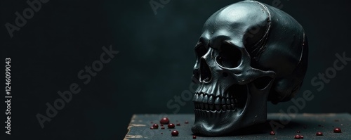 Skull made of darkened black metal with a hint of silver, unsettling, unnerving photo