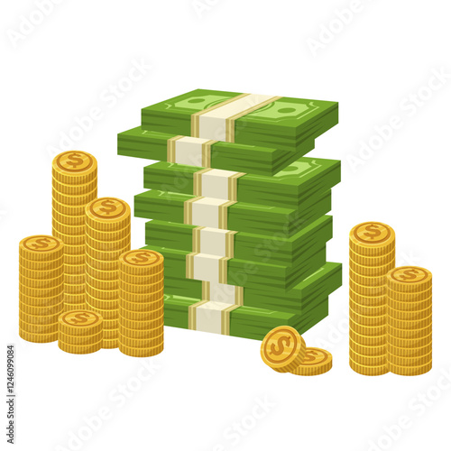 Stacks of green cash bundles with gold coins in piles on white background. Concept of wealth, success, and economic prosperity. Vector illustration
