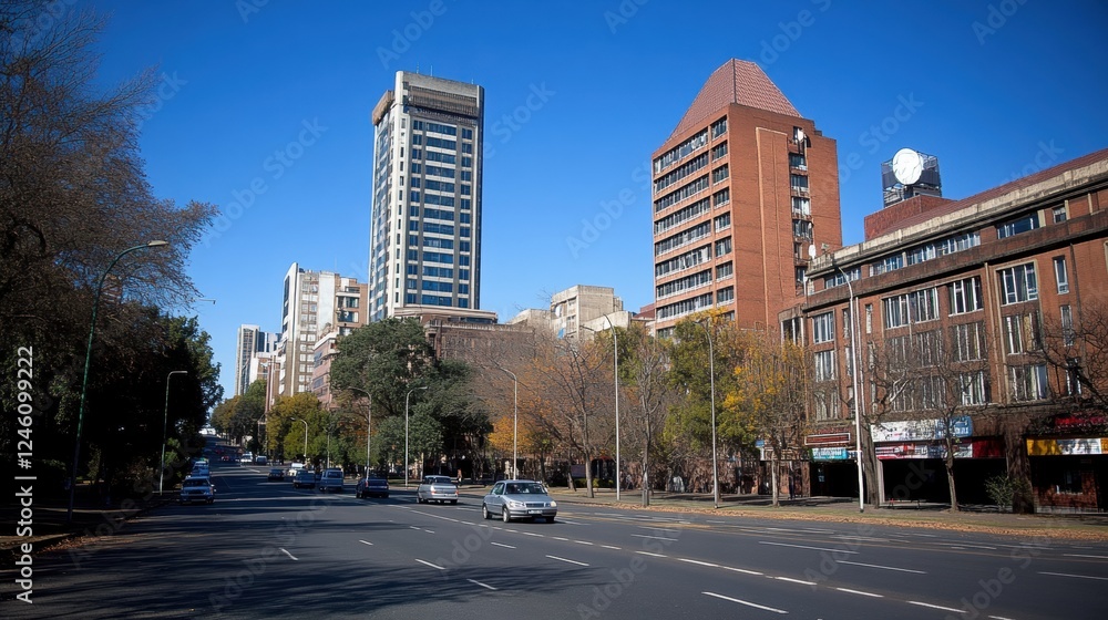 Urban Scene with Modern Buildings and Clear Blue Sky in Daylight Urban Scene with Modern Buildings and Clear Blue Sky in Daylight