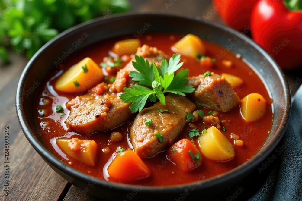 Sizzling pork in a flavorful red pepper stew with sour cream potatoes, meat, sour cream, spices Sizzling pork in a flavorful red pepper stew with sour cream potatoes, meat, sour cream, spices