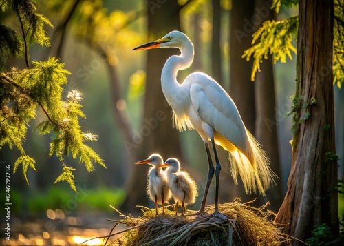 Great Egret Family Nest in Louisiana's Evangeline Parish Wetlands