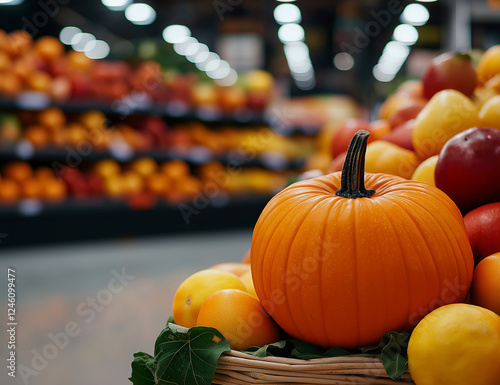 Colorful pumpkins and autumn fruits displayed in market setting, showcasing vibrant oranges, reds, and yellows. warm hues evoke cozy, seasonal atmosphere photo