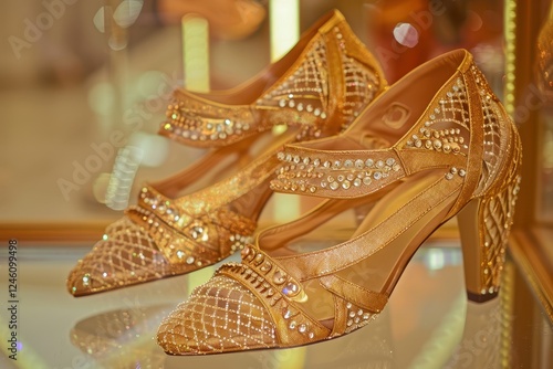 Wallpaper Mural Elegant golden dancing shoes adorned with rhinestones displayed against a plain background highlighting their intricate design and craftsmanship Torontodigital.ca