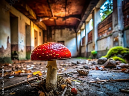 Urban Decay: Red Mushroom in Abandoned Building - Stock Photo