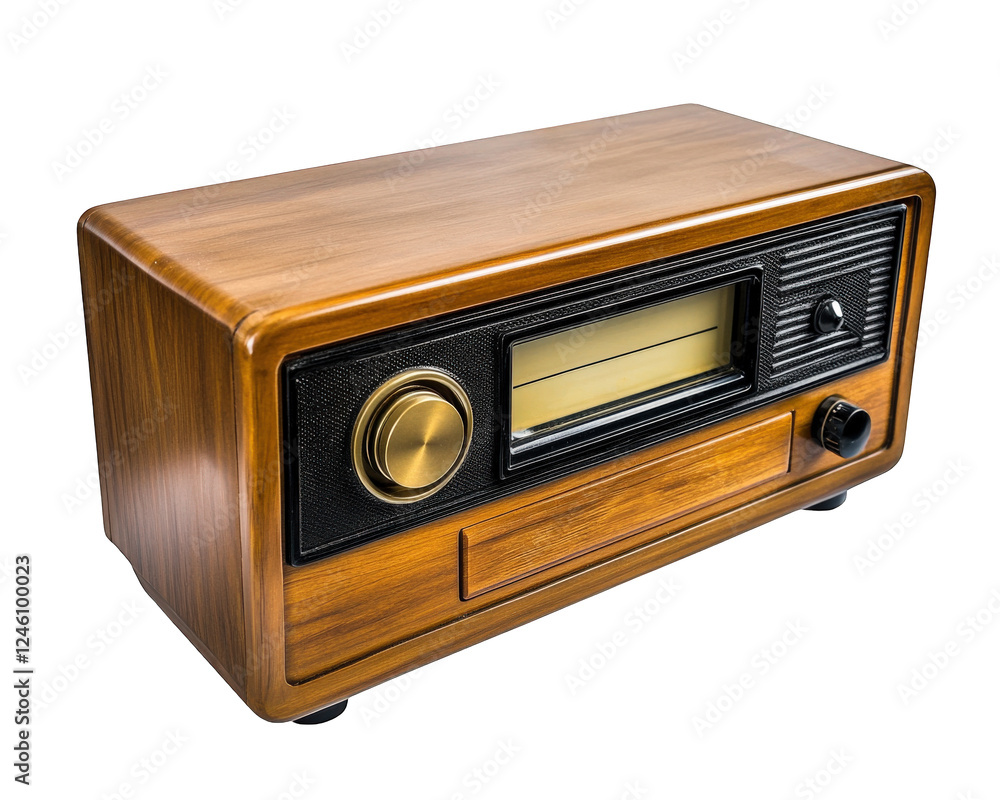 Obraz premium Retro wooden radio with cassette deck, showcasing vintage design and nostalgia. Perfect for music lovers and collectors