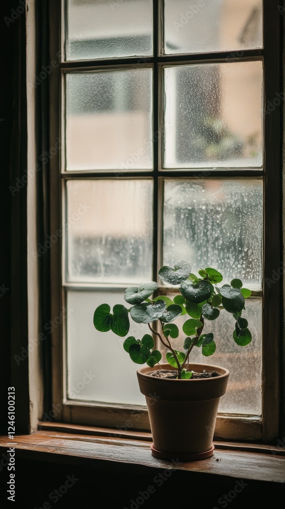 a potted pilea peperomioides plant by the window in minimalist style of indoor plants a potted pilea peperomioides plant by the window in minimalist style of indoor plants