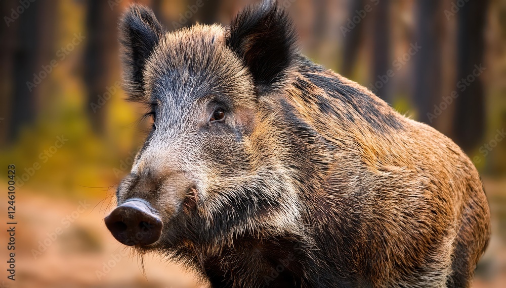 Striking Close Up of a Wild Boar Sus scrofa in Forested Landscape, Showcasing Dappled Light, Gnarled Branches, and Rustic Textures in Low Light Scene Striking Close Up of a Wild Boar Sus scrofa in Forested Landscape, Showcasing Dappled Light, Gnarled Branches, and Rustic Textures in Low Light Scene