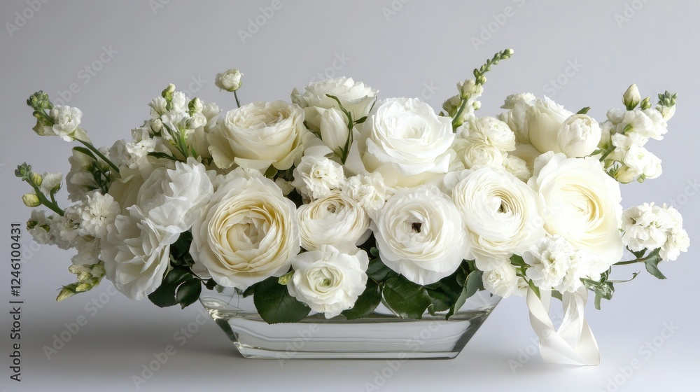 Obraz premium A luxurious white rose arrangement with ribbons and soft flowers, creating space for personalized copy.