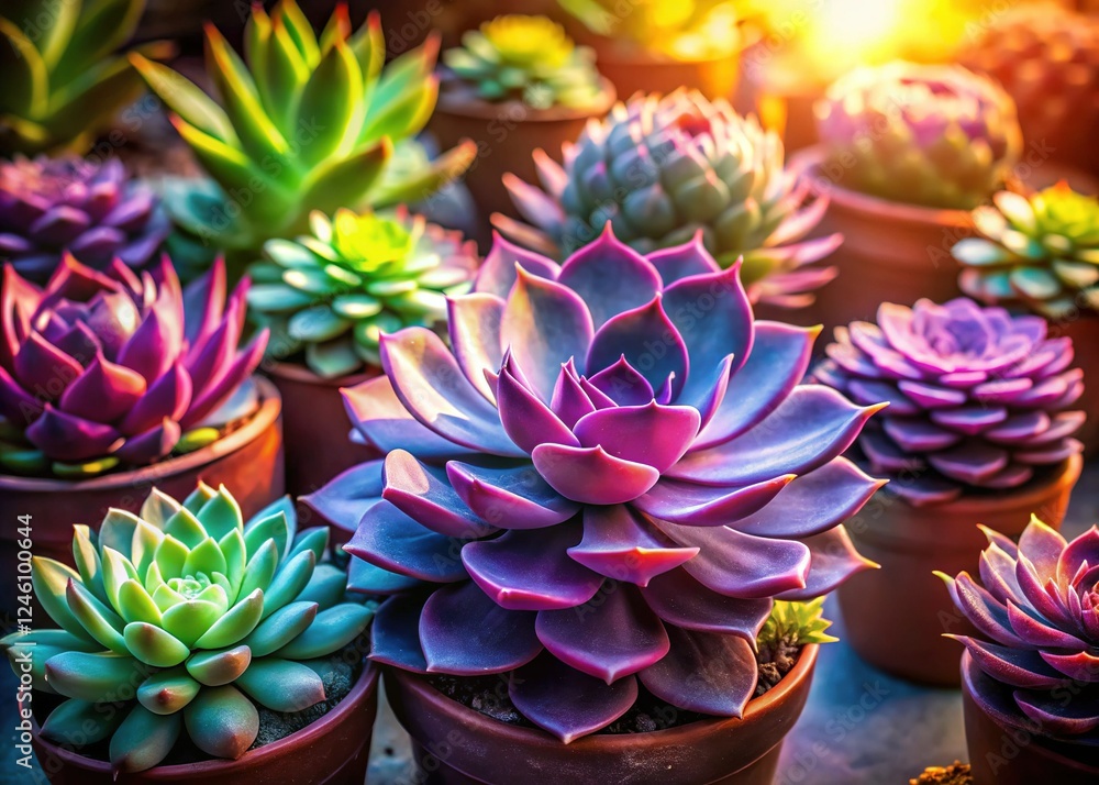 Lush Succulents in Dark Pots: Vibrant Double Exposure Earthy Scene Lush Succulents in Dark Pots: Vibrant Double Exposure Earthy Scene