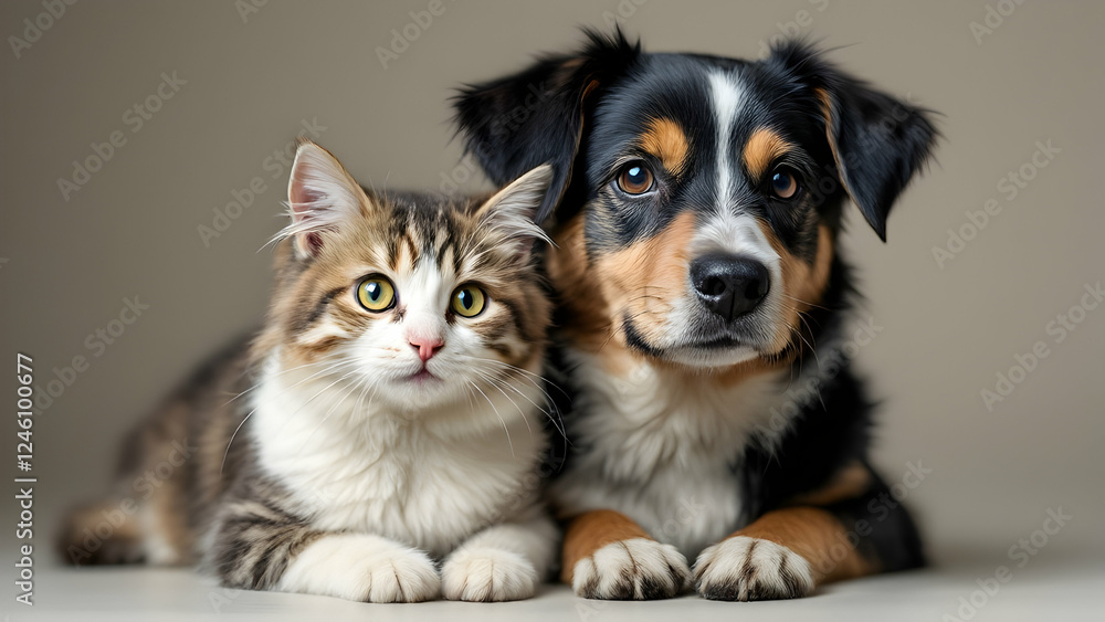 Cat and dog sit together, gazing at the camera in close proximity Cat and dog sit together, gazing at the camera in close proximity