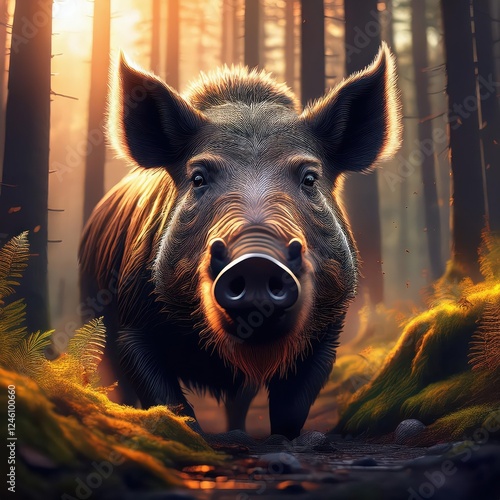 Majestic Wild Boar Roaming through Dense Forest, Sunsets Amber Glow Filtering through Tree Branches, Rustic Textures Prevailing in this Enchanting Scene, Capturing the Raw Beauty of a European photo