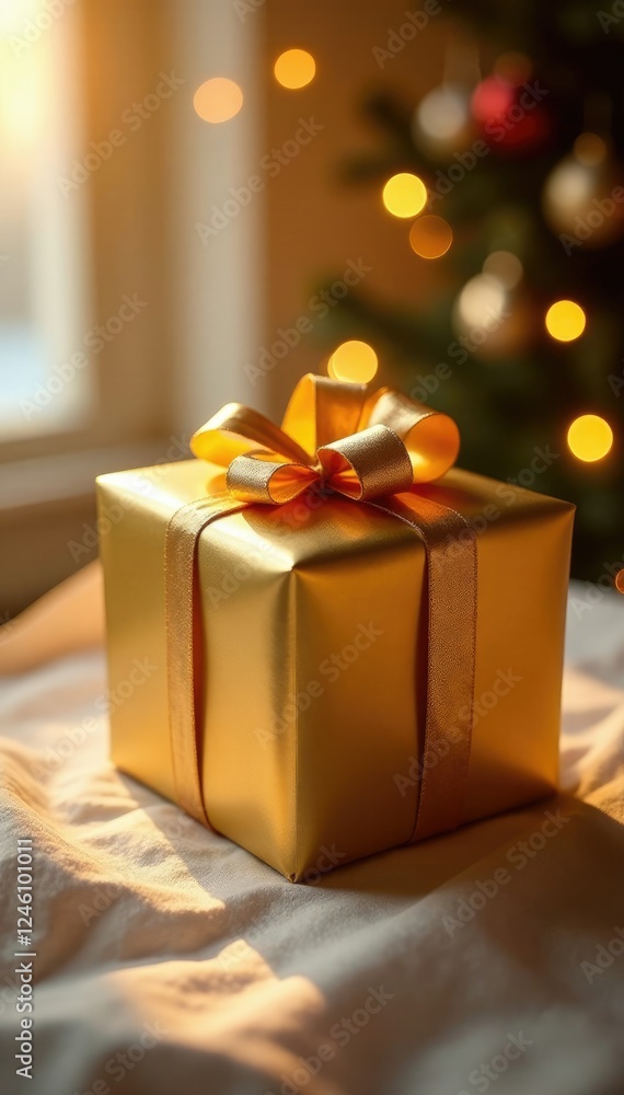 Gold wrapped gift box with light source behind, present, wrapping paper