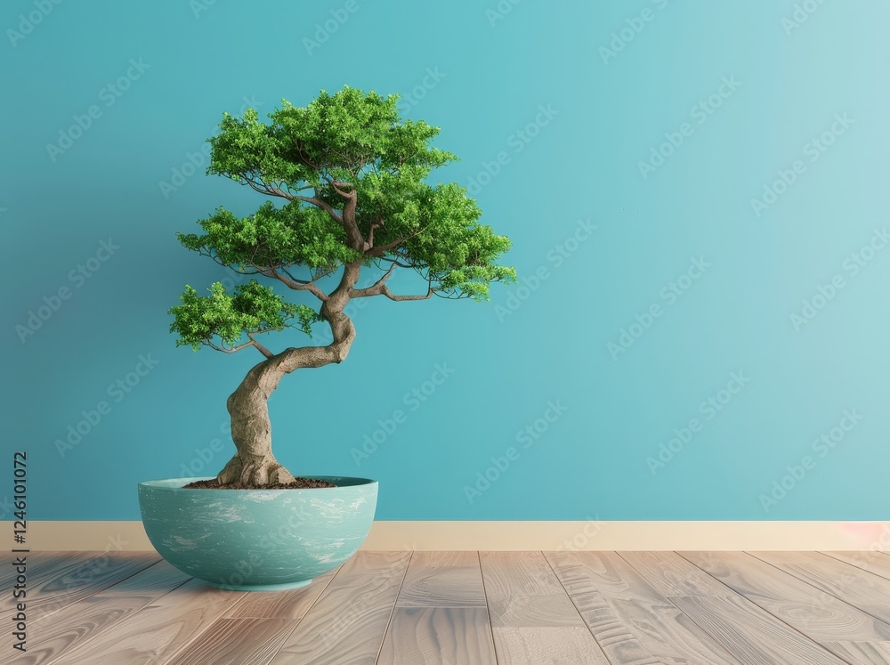 A bonsai tree in a blue pot sits on a wooden floor in front of a turquoise wall