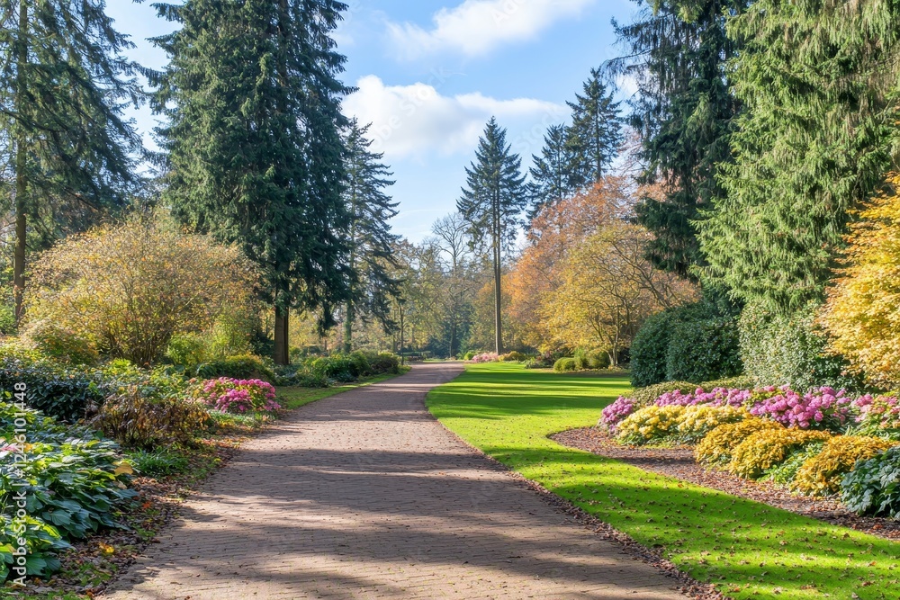 Autumn park path, vibrant foliage, sunlight, tranquility, nature, landscape, garden, walkway, travel brochure Autumn park path, vibrant foliage, sunlight, tranquility, nature, landscape, garden, walkway, travel brochure