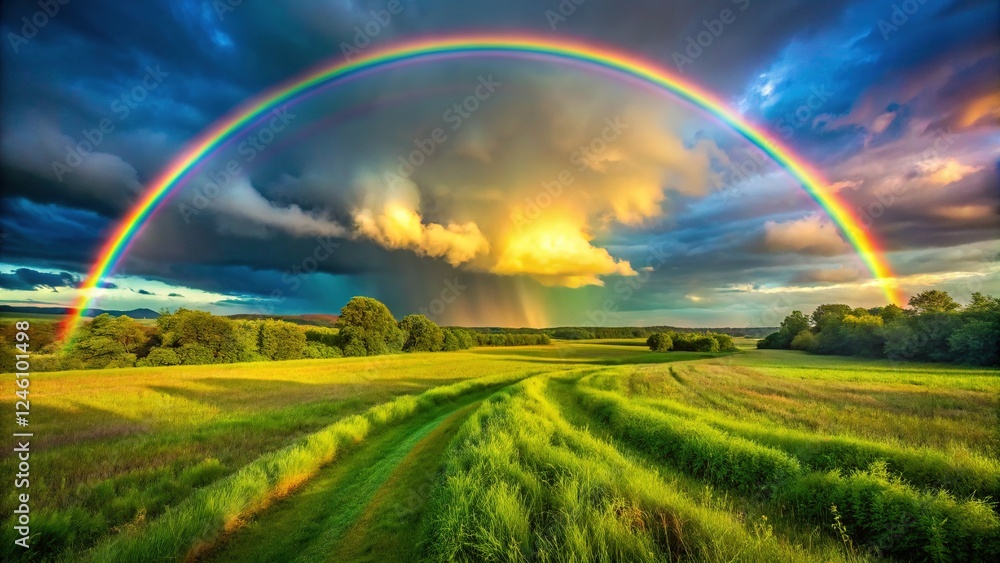 Majestic Double Rainbow Arcing Over Lush Landscape on a Rainy Day Majestic Double Rainbow Arcing Over Lush Landscape on a Rainy Day