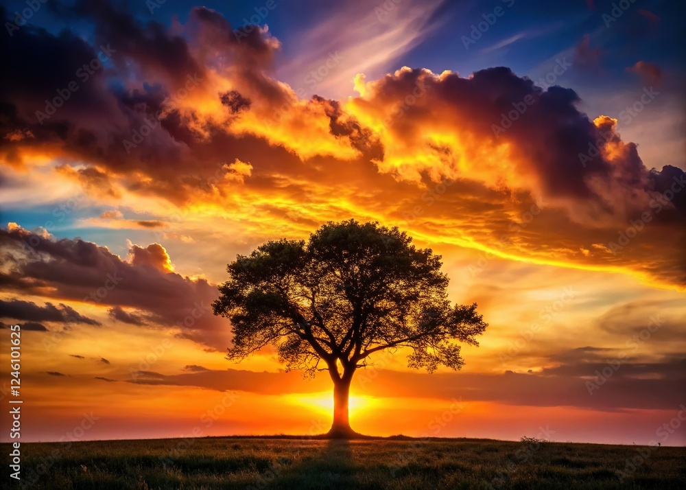 Fototapeta premium Majestic Sunset Silhouette of a Lone Tree Against Vibrant Sky