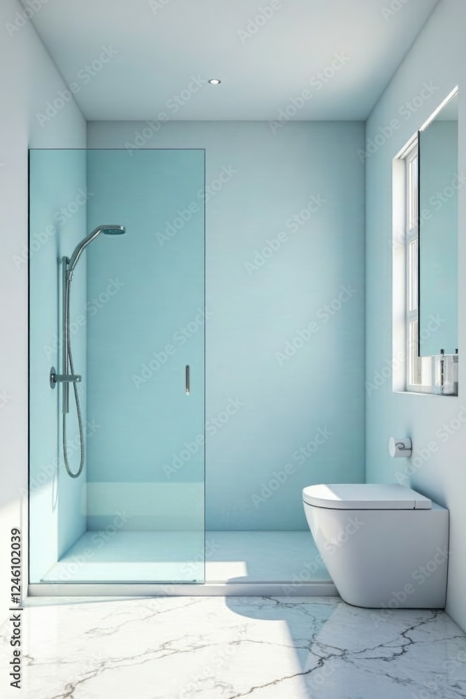 Obraz premium Modern white bathroom with a large blue glass shower door and marble floor, white, marble, clean