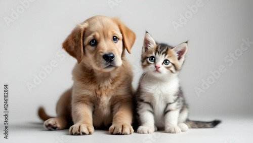 Labrador puppy and kitten sit side by side, displaying innocence and early friendship photo