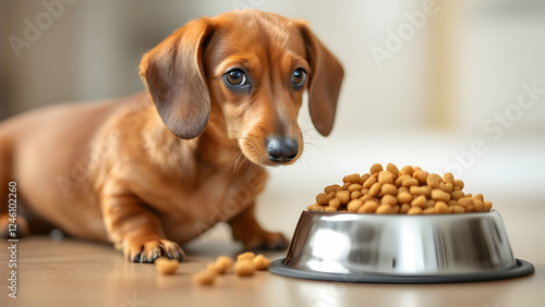 Hungry dachshund waits beside food bowl, capturing a heartwarming feeding moment photo