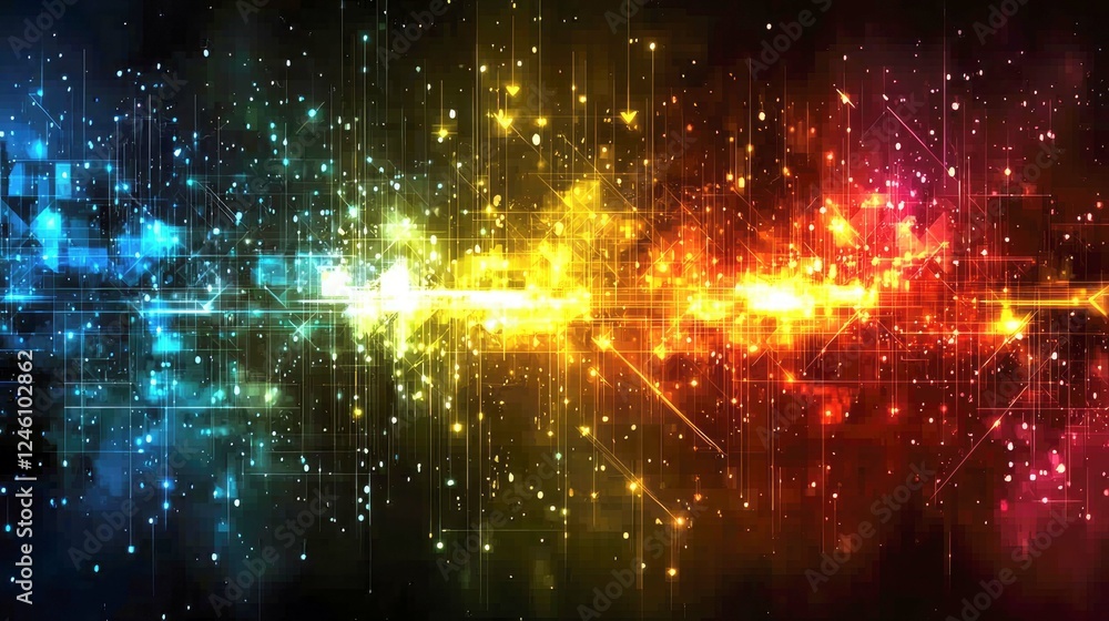 Obraz premium Abstract Digital Network: Vibrant Colors, Glowing Lines, and Cosmic Energy. Futuristic Technology Background, Perfect for Modern Design Projects.