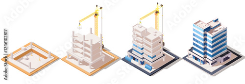 A set depicting construction steps with a building evolving from foundation to completion, shown in isometric style. Construction concept. Vector illustration.