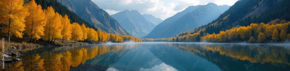 Misty Aspen trees reflect on calm mountain lake, telluride, aspen, peaceful