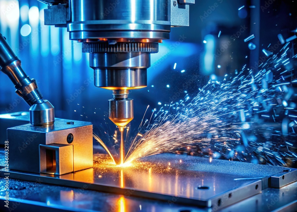 Precision CNC Milling: Aluminum Part Machining at Night in Blue Light Precision CNC Milling: Aluminum Part Machining at Night in Blue Light