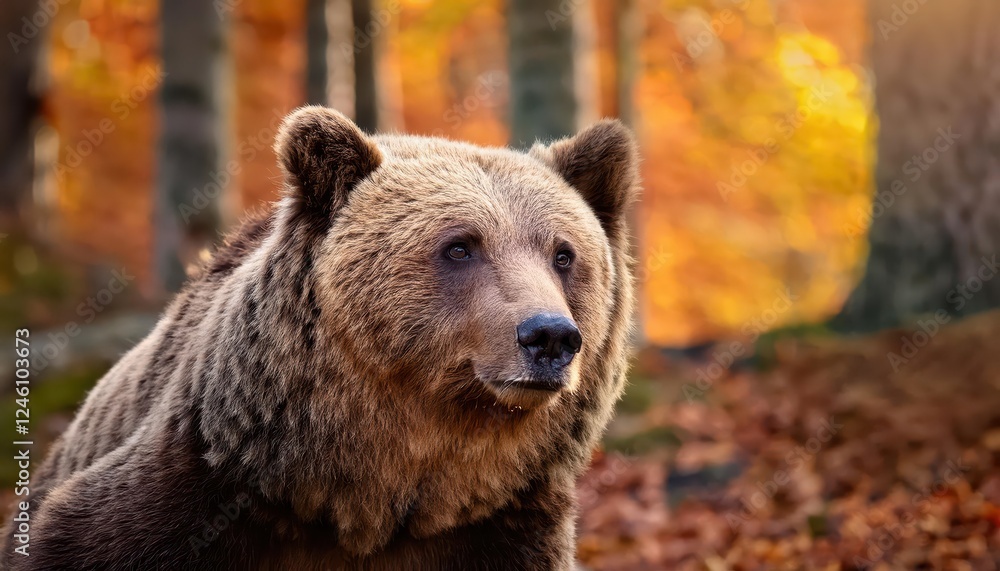 Stirring Encounter with a Wild Brown Bear in an Autumn Forest Majestic Animal Thriving in its Natural Habitat, Caught in the Gilded Light of Early Evening Stirring Encounter with a Wild Brown Bear in an Autumn Forest Majestic Animal Thriving in its Natural Habitat, Caught in the Gilded Light of Early Evening