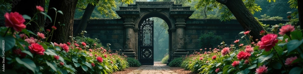 Metal gates of a ancient temple hidden behind flowers and vines, gate, mysterious, forest entrance Metal gates of a ancient temple hidden behind flowers and vines, gate, mysterious, forest entrance