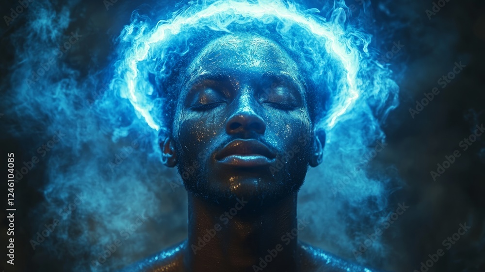 A serene figure captivates with a glowing blue halo in a mystical ambiance A serene figure captivates with a glowing blue halo in a mystical ambiance