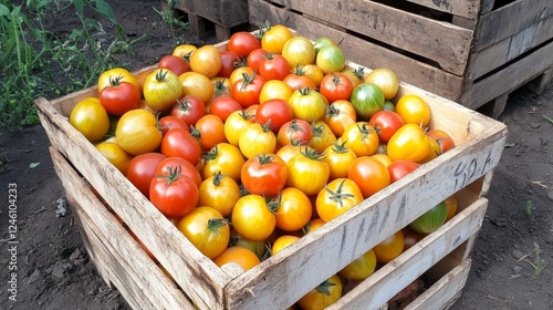 Freshly Harvested Tomatoes in Wooden Crate photo