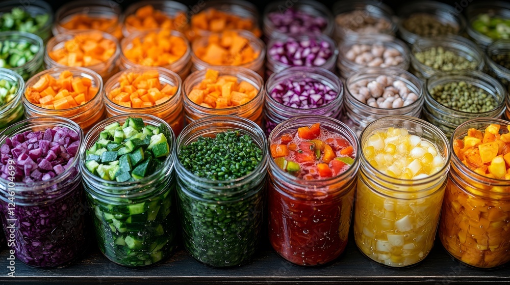 Jars of assorted vegetables ready for cooking and storage Jars of assorted vegetables ready for cooking and storage