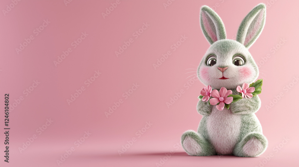 Fototapeta premium A cute bunny, adorned with pink flowers, sits against a soft pink flat background, with ample blank space, making it perfect for Women's Day, Mother's Day, or a gift card.