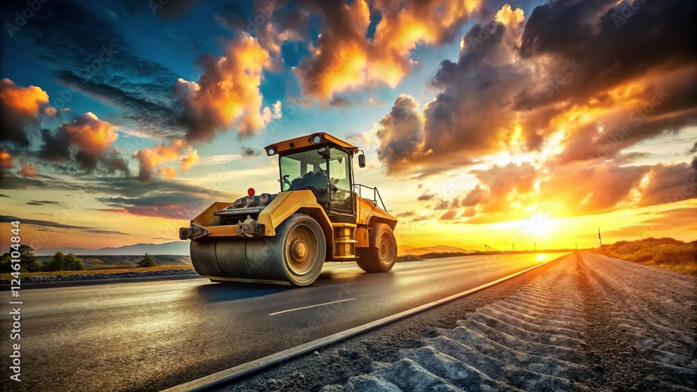 Fototapeta premium Sunset Hues Over Road Construction: Heavy Machinery at Work