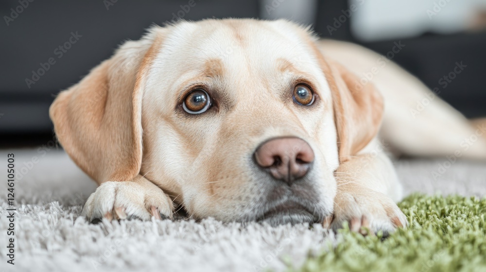 Labrador resting on carpet, indoor home scene, pet portrait Labrador resting on carpet, indoor home scene, pet portrait