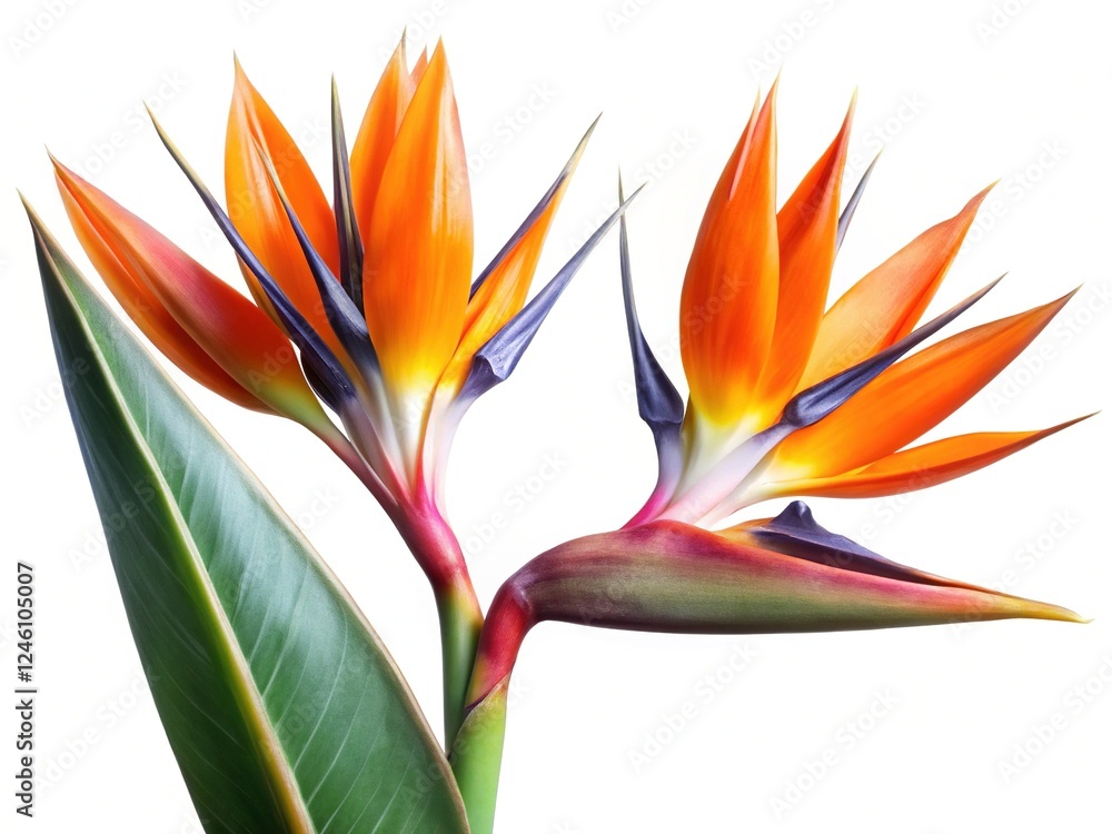 Obraz premium Two Bird of Paradise Blossoms on Single Stem, Isolated White Background - Tropical Flower Stock Photo