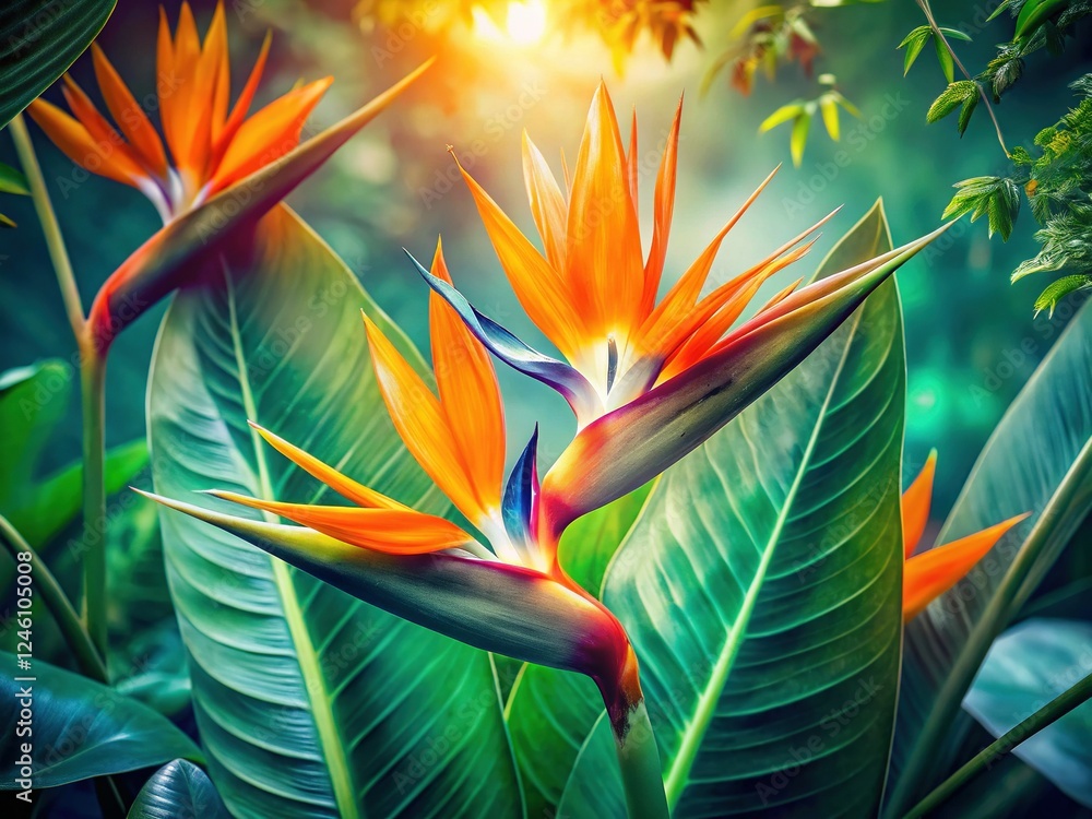 Obraz premium Vibrant Bird of Paradise Plant Aerial View Double Exposure Stock Photo