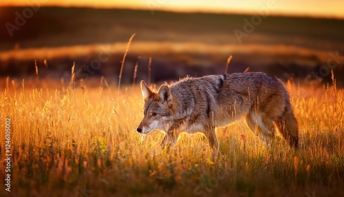 Striking Moment Wild Coyote on the Hunt in Sunlit Prairie Grassland, Capturing the Essence of a Golden Twilight in American Plains. photo