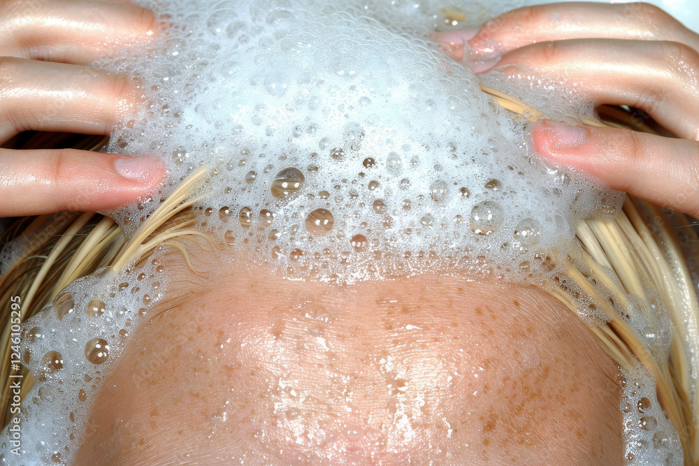 Fototapeta premium A man massages shampoo into his blond hair, creating thick lather and bubbles. A close-up highlights a deep cleansing hair care treatment that focuses on scalp health.