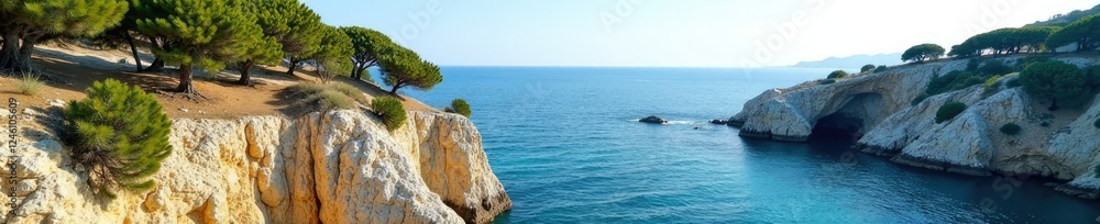 Pine and juniper trees along a rocky shoreline, coastline, Crimea Pine and juniper trees along a rocky shoreline, coastline, Crimea