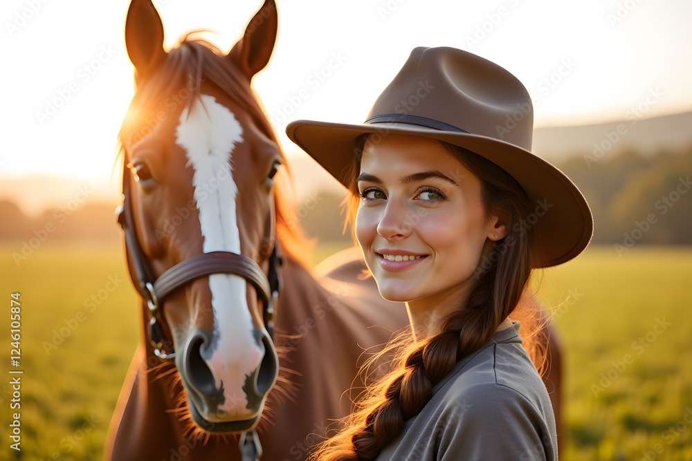 Obraz premium Young caucasian female smiling with horse in sunlit field