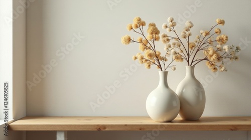 Wallpaper Mural Serene Minimalist Home Decor Featuring Two Elegant Vases with Dried Floral Arrangements on a Light Wooden Shelf Torontodigital.ca