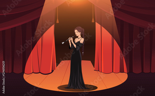 Elegant woman in black dress playing clarinet on stage with red curtains and warm spotlight, performance concept. Vector illustration