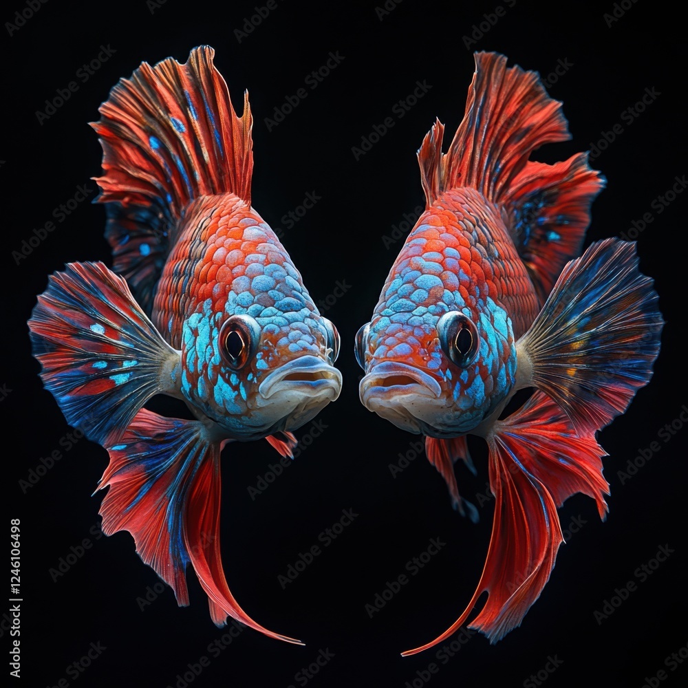 Obraz premium Colorful Betta Fish Swimming Gracefully in a Dark Aquatic Background