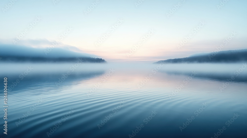 Fototapeta premium Serene Reflections on a Foggy Water Surface with Gentle Ripples and Gradient Sky, Evoking Calmness and Natural Beauty in a Peaceful Setting