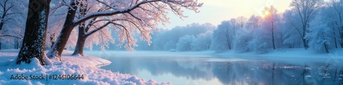Frosty trees branches with snowflakes falling around them, frozen lakes, ice crystals